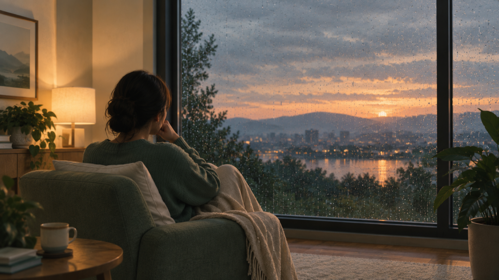 Woman sitting in an armchair looking out a rainy window at sunset